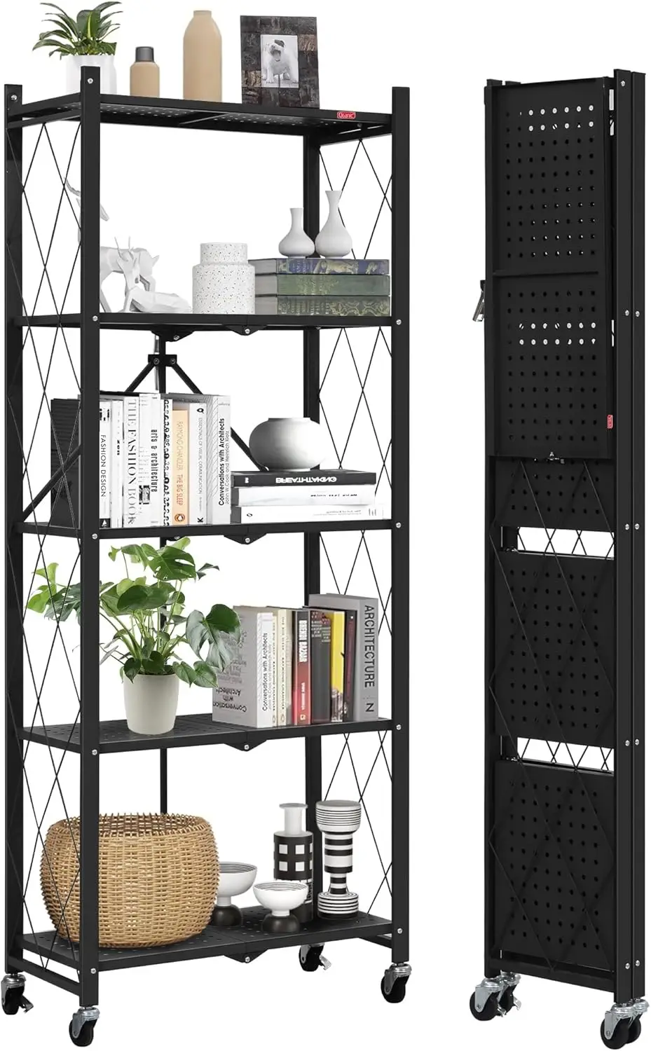 

5-Shelf Folding Shelves Bookcase With Wheels, Heavy Duty Storage Shelves, Freestanding Metal Wire Shelving Unit For Living