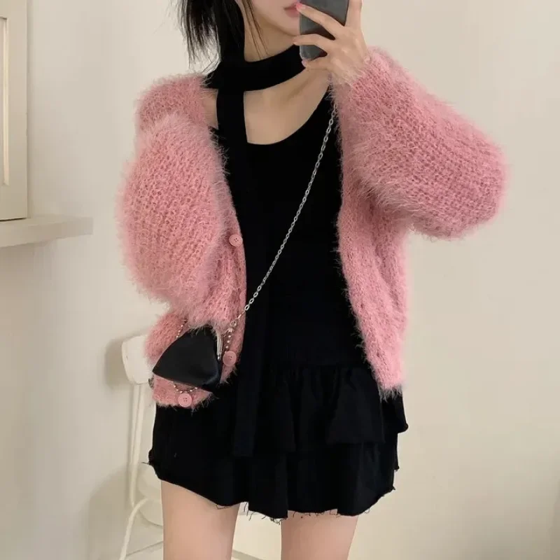 Neploe Korean Fashion V-neck Lazy Sweaters Coat 2024 Autumn Winter Waterproof Mink Cardigan Y2k Long Sleeve Knitted Tops Women