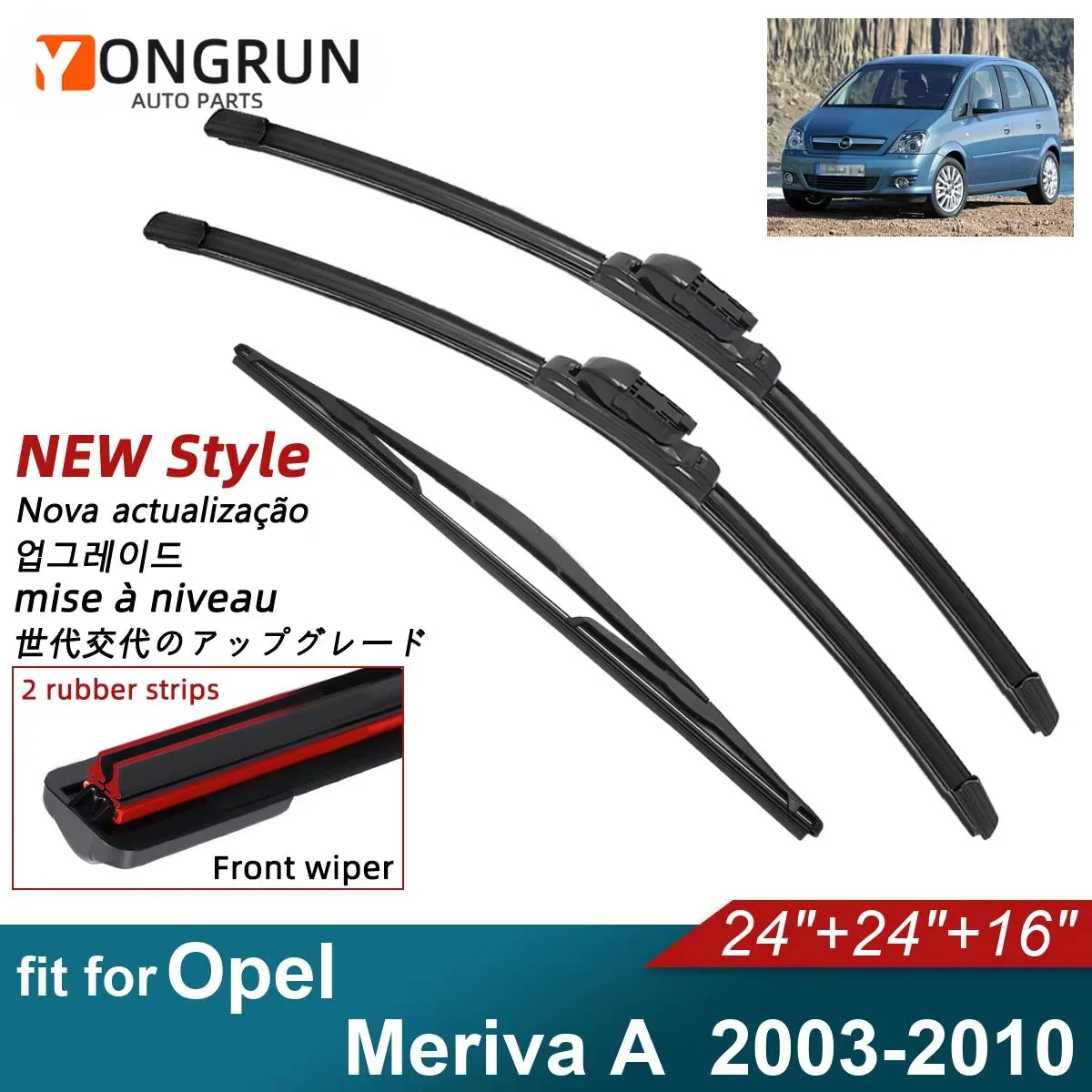 

YONGRUN Double Rubber Car Wiper Blades For 2003-2010 Opel Meriva A Front Rear Windscreen Windshield Wipers Car Accessories