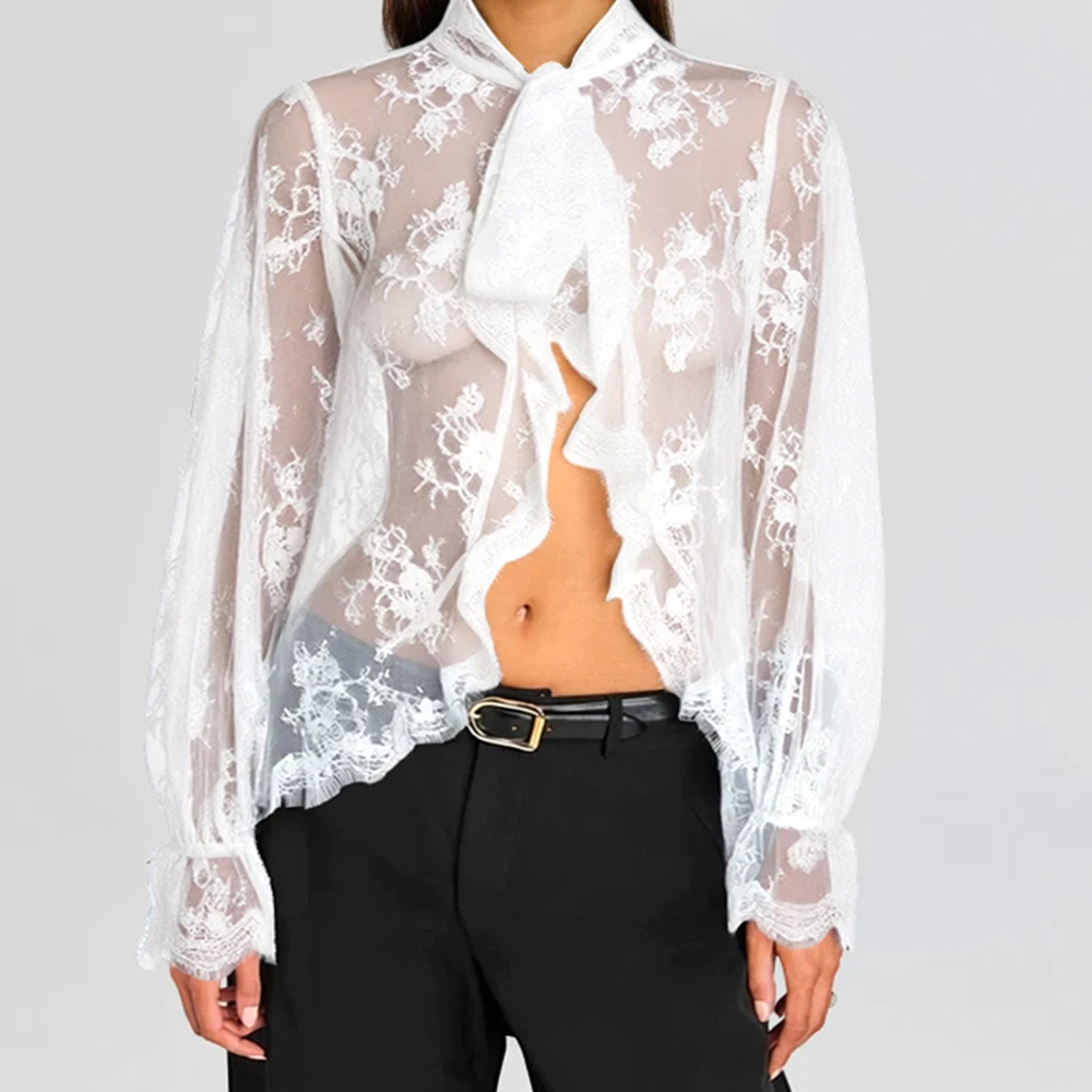 

Женская летняя готическая сексуальная однотонная прозрачная блузка с длинным рукавом, элегантная, с кружевной отделкой, цветочным бантом и разрезом, повседневная