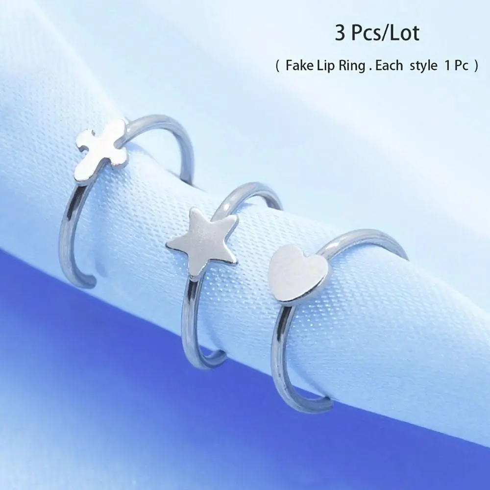 3Pcs Set Stars Love Heart Cross Smooth Round Head Stainless Steel Lip Ring Fake Piercing Body Jewelry Fashion Accessory Wear