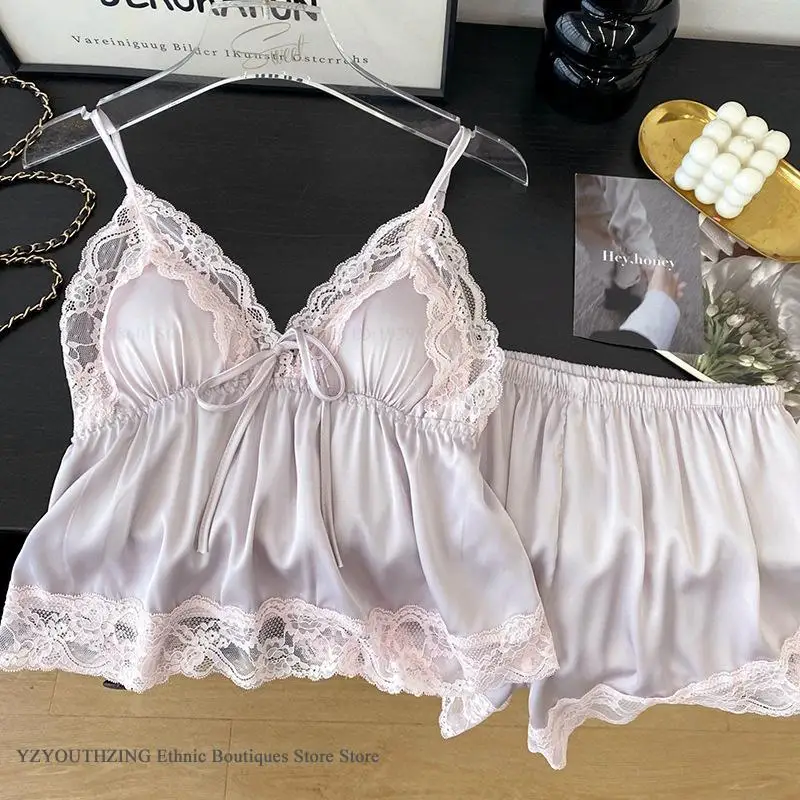 

Sexy Lace Suspender Pajamas Set Women's Lingerie Homewear Summer New Ice Silk Strap Top&shorts Pijamas Suit Loose Loungewear