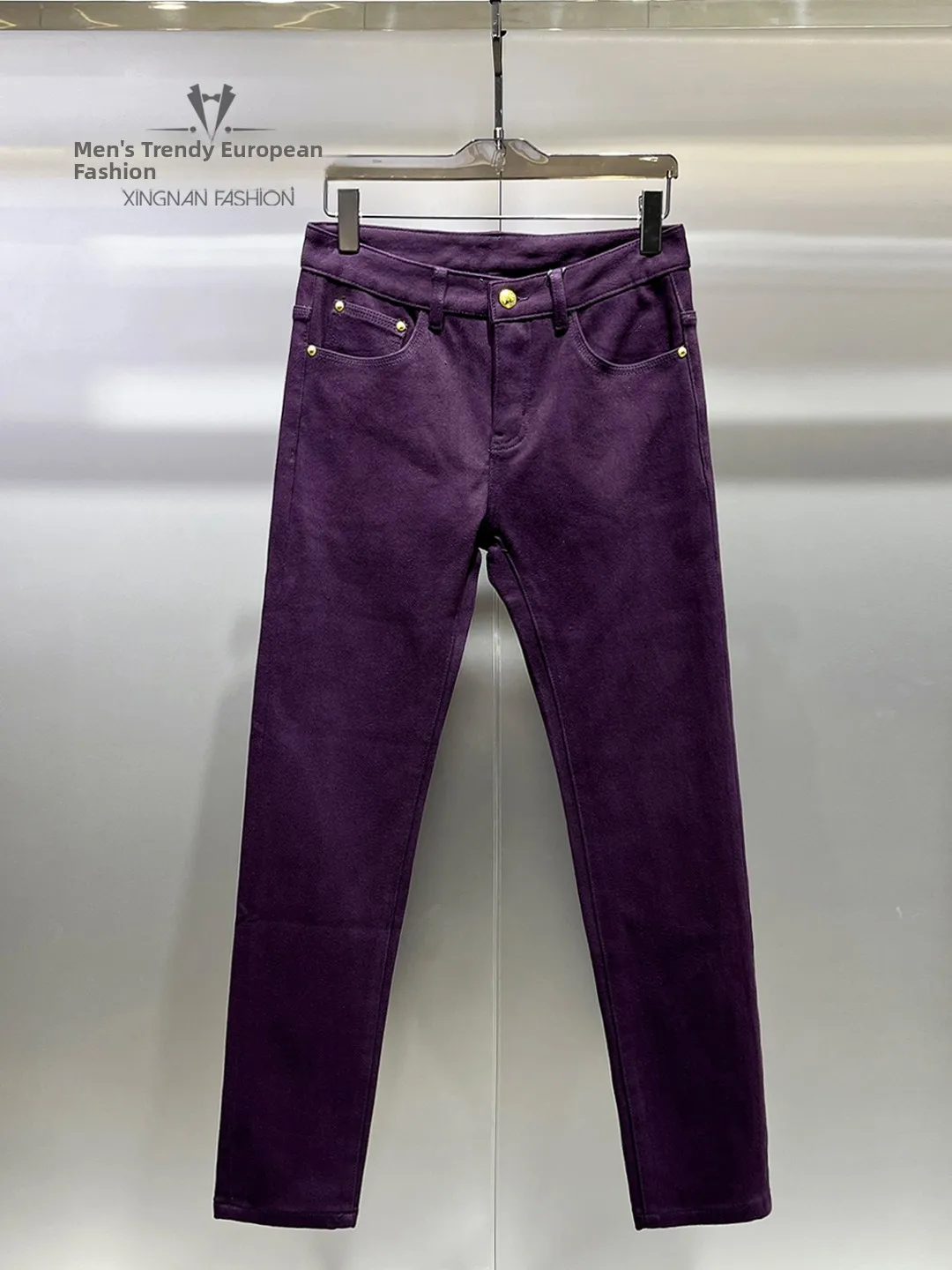 

Winter Fashion Thickened Fleece Lined Slim Fit Purple Denim Jeans Men's Ankle Length Pants Stylish Versatile Thickened Trousers