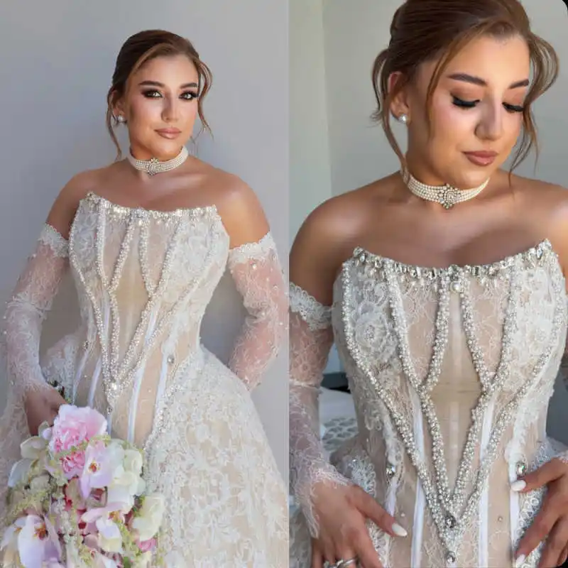 Gorgeous Off Shoulder Lace Wedding Dress Long Sleeve Vertical Pearl Rhinestone A Line Bridal Dress Vestidos De Novia Customized