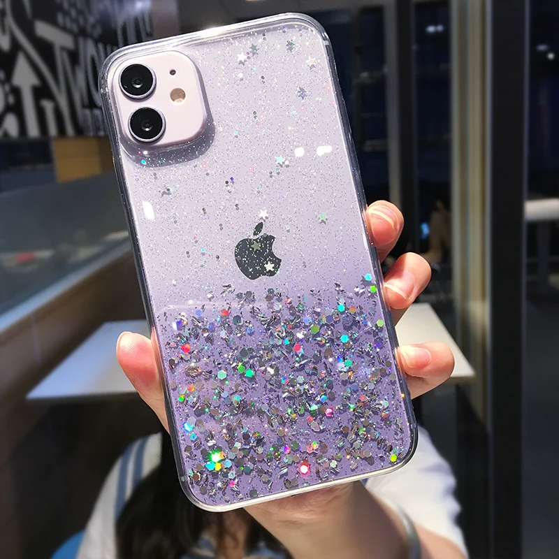 Capa de telefone com brilho transparente para iPhone, capa de lantejoulas gradiente bonito, iPhone 16, 14, 15, 13, 12 Pro, 11 Pro Max, XS Max, XR,