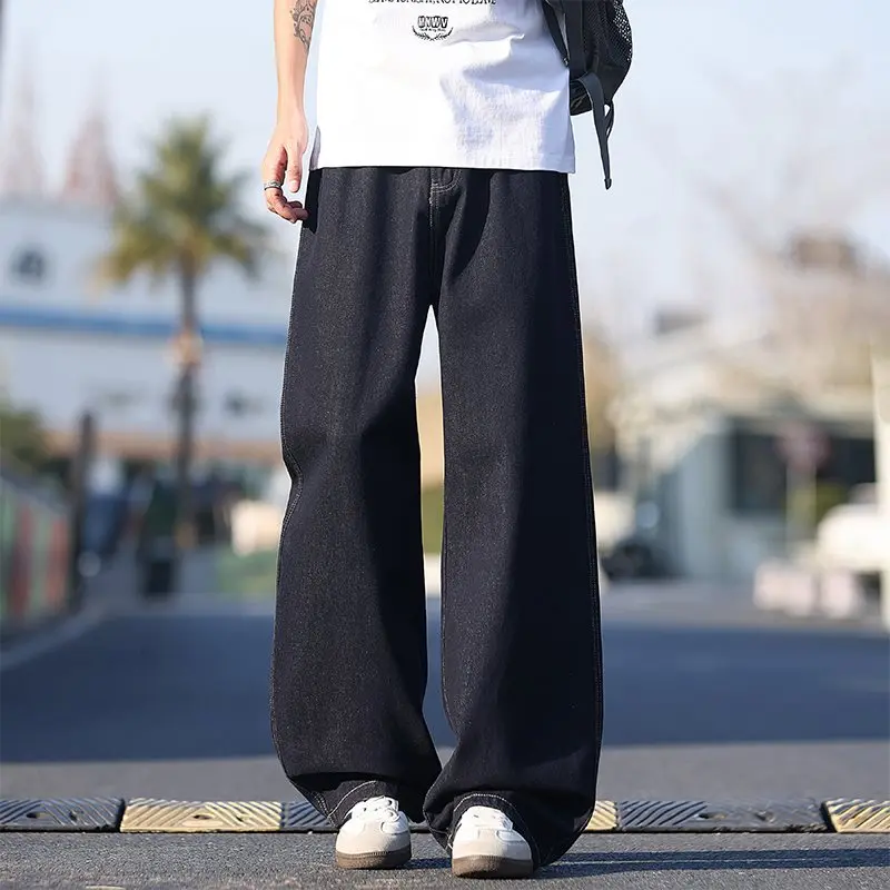 

Loose Straight Leg Jeans Pure Color Vintage Hong Kong Sle mid Waist Zipper Opening for Teenagers Floor Length Workwear
