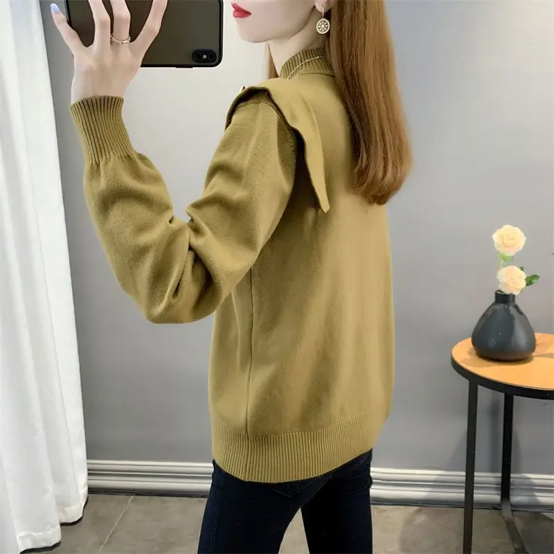 2023 Autumn and Winter Women's Solid Half High Collar Long Sleeve Loose Pullover Knitted Sweater Button Fashion Casual Tops
