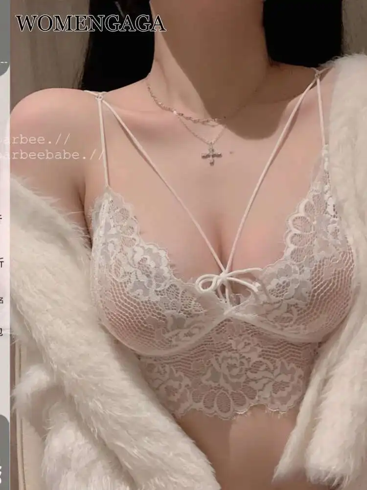 

WOMENGAGA Sexy Transparent V Neck Lace Mesh Tank Tops Sweet Korean Women Vest Fashion Bralette Crop Top Workout Exotic Tanks P8G