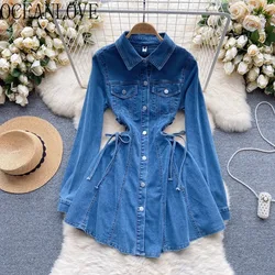 OCEANLOVE Denim Dresses for Women Solid Bandage Spring Autumn Sweet Vestidos Mujer Korean Fashion Buttons Chic Sexy Mini Dress