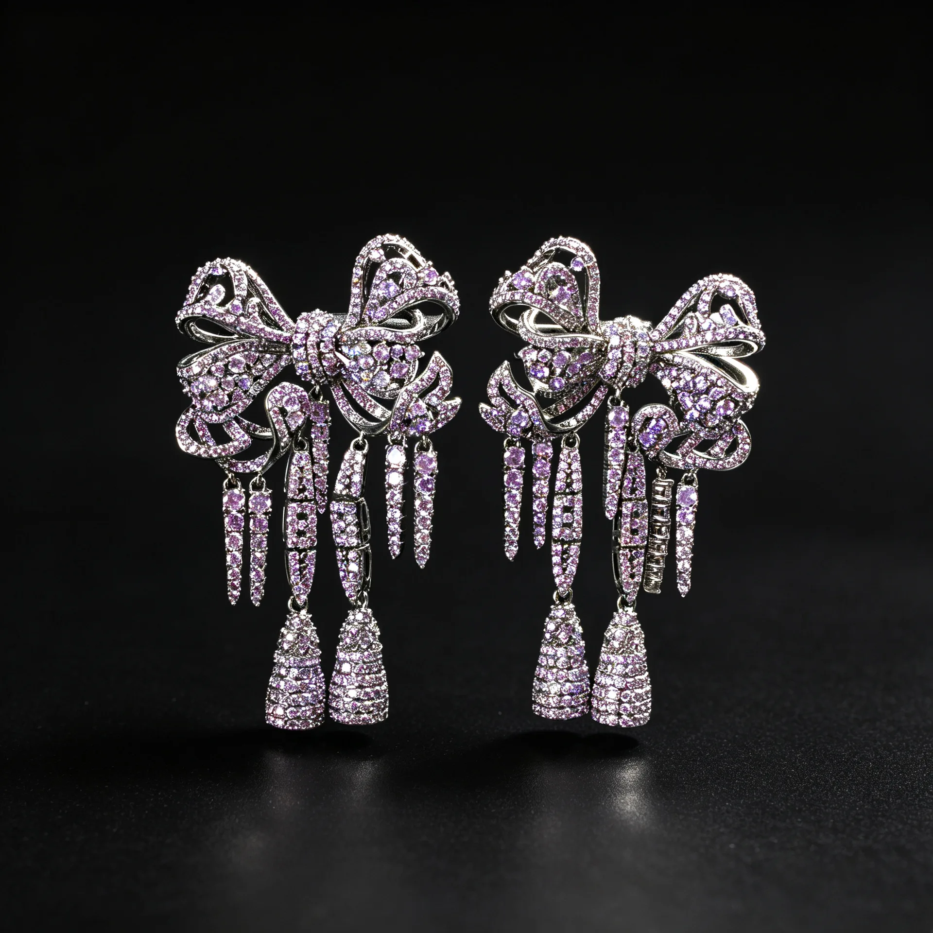Vintage Sparkling Cubic Zirconia Bowknot Tassel Stud Earrings, Silver Heavy‑Duty Luxury Dangle Earrings, Niche Elegant Evening P