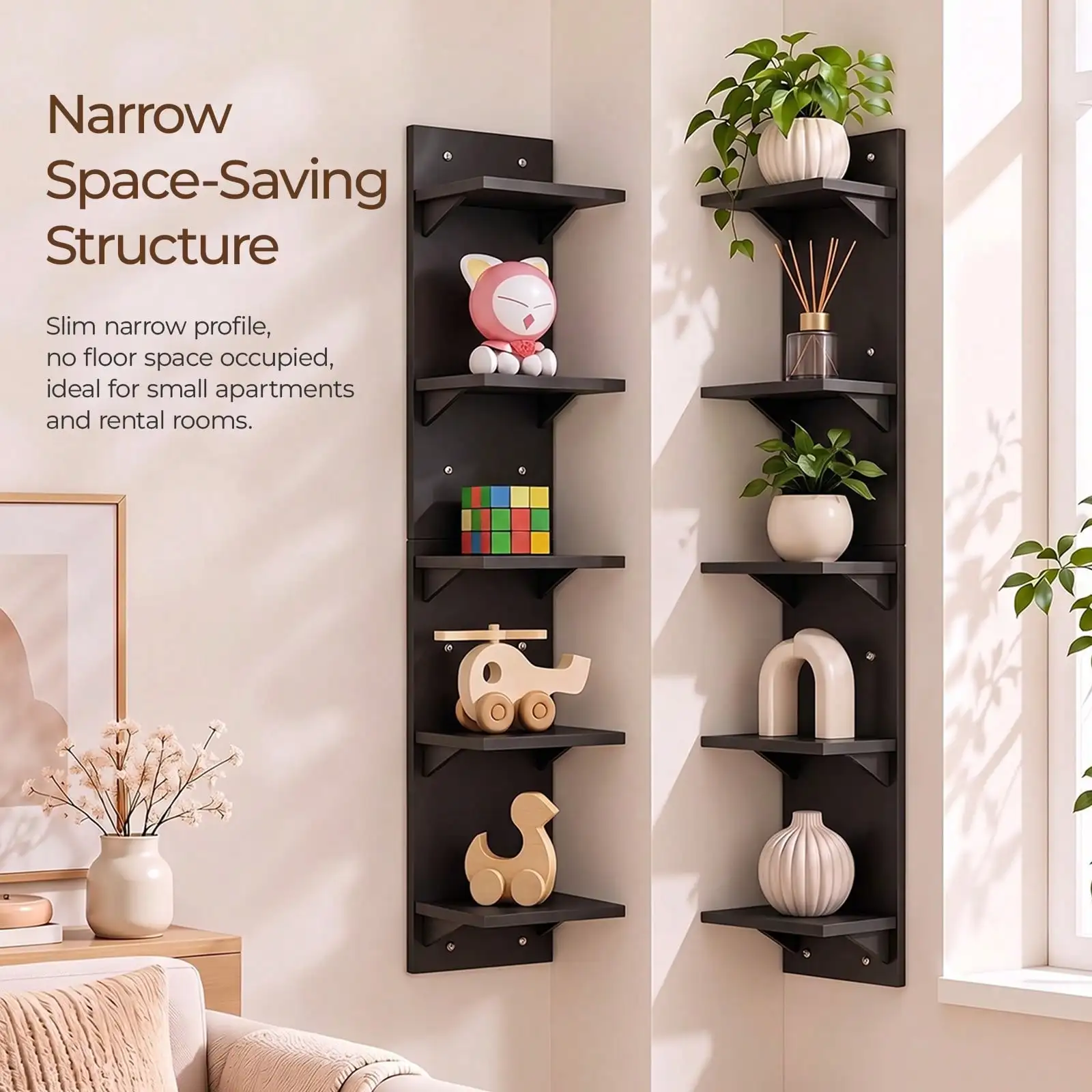 1-Piece 5-Tier Modern Wall Shelf (5.1-inch Depth) – Floating Display Shelf for Bedroom/Living Room Decor and Storage