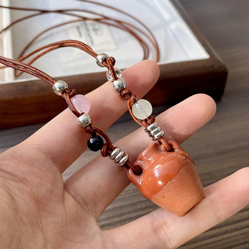 Ethnic Style Imitation Bead Cowhide Rope Double Ear Red Pottery Vase Pendant Necklace UNISEX Ethnic Exchange Gathering Necklace