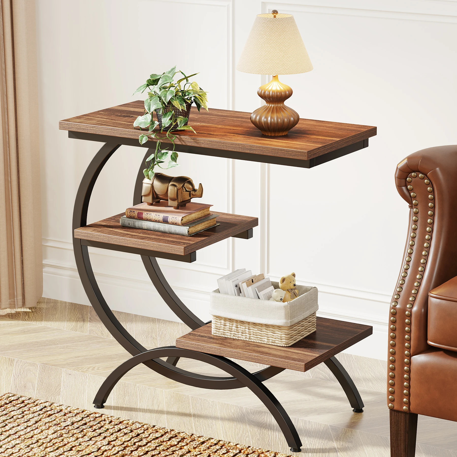 

Tribesigns C-Shaped End Table, Industrial 3-Tier Small Table for Couch, Wood Bedside Table Snack Table with Storage Shelves