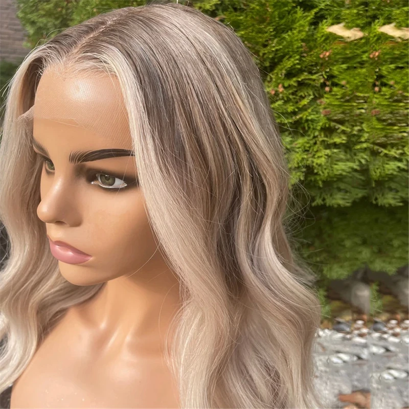 Ombre Platinum Blonde With Brown Streaks Synthetic Lace Front Wig Realistic Hairline For Women Alopecia Hairloss High Density