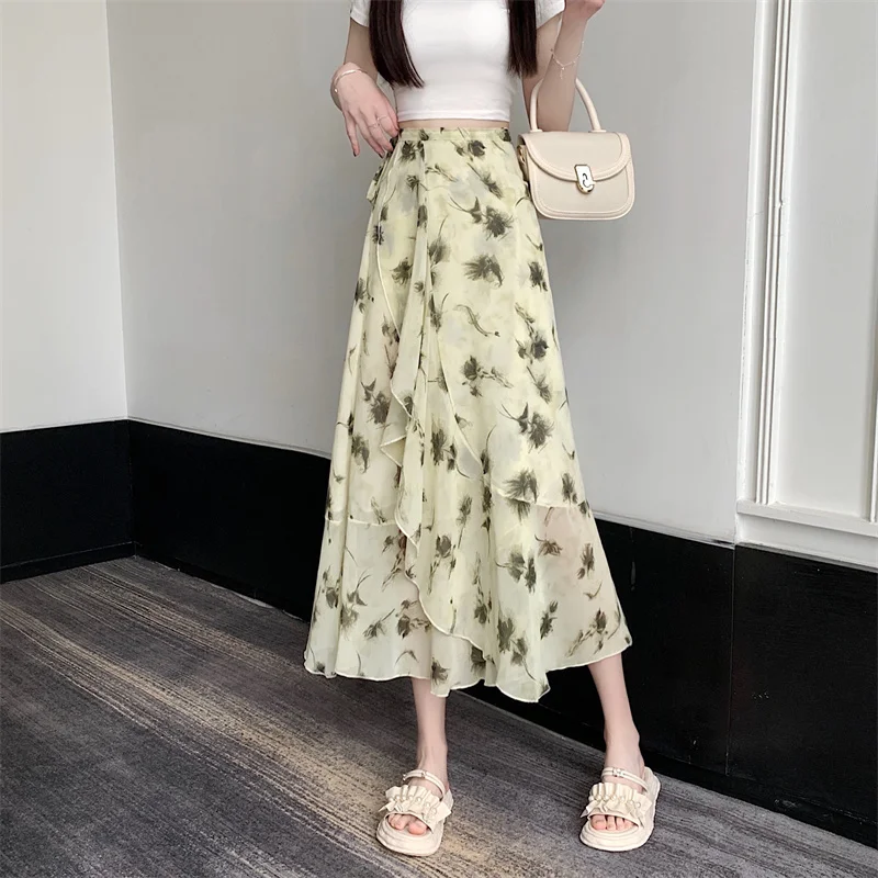 Floral Print Half-length Skirt Women Summer Beach Sun Protection Silkiness Polyester High-waist Midi Wrap-around Chiffon Skirt