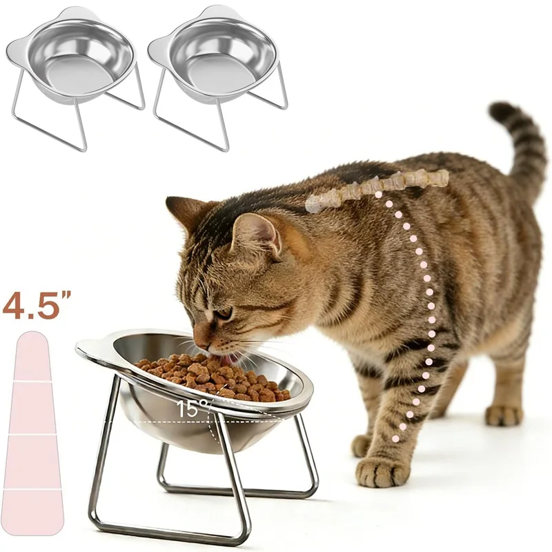 Cat Bowls Tilted Neck Guard Cat Food Bowl Indoor Stainless Steel Shatter Resistant Elevated 15° Pet Bowl For Kitten Puppy