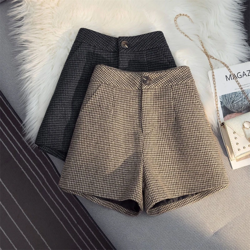Korean Fashion Autumn New Woolen Women Houndstooth Zipper Button Pockets Casual High Waist Loose Straight A-line Wide Leg Short