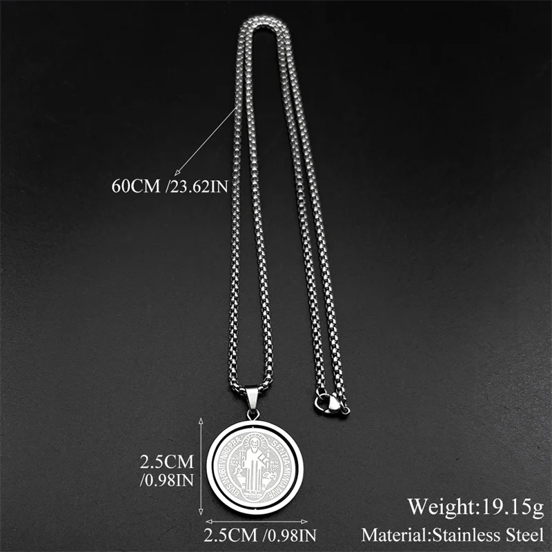 تدوير الكاثوليكية سانت بنديكت ميدالية قلادة للنساء الرجال الفولاذ المقاوم للصدأ الذهب اللون سلسلة القلائد مجوهرات سان بينيتو #6
