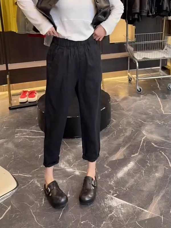 

Ретро-японские женские брюки-харланы из хлопка и льна, свободные, широкие, с высокой талией, струящиеся, укороченные, в стиле «папины брюки»