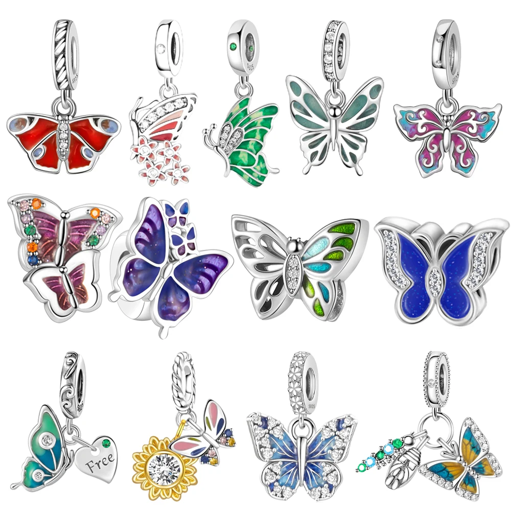 New Silver Plated Butterfly Dragonfly Spread Wings Dangle Charms Fit Pan Original Bracelets Beads DIY Women Fine Jewelry Gift