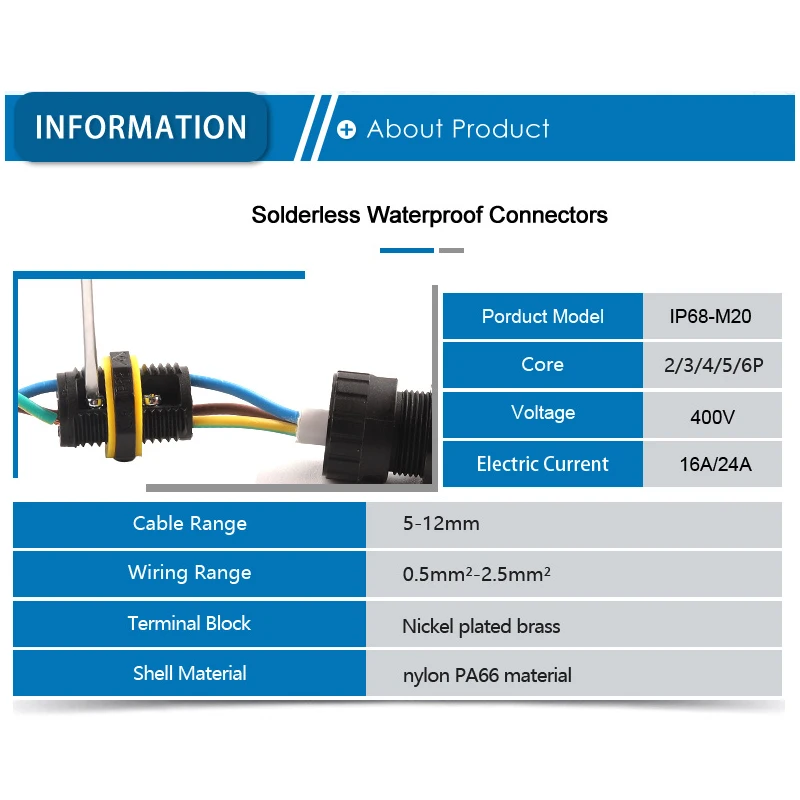 IP68 M20 Waterproof Cable Connector 2/3/4/5/6 Pin Screw Wiring Terminal Wire Connectors for Electrical Light Junction Box DIY GO