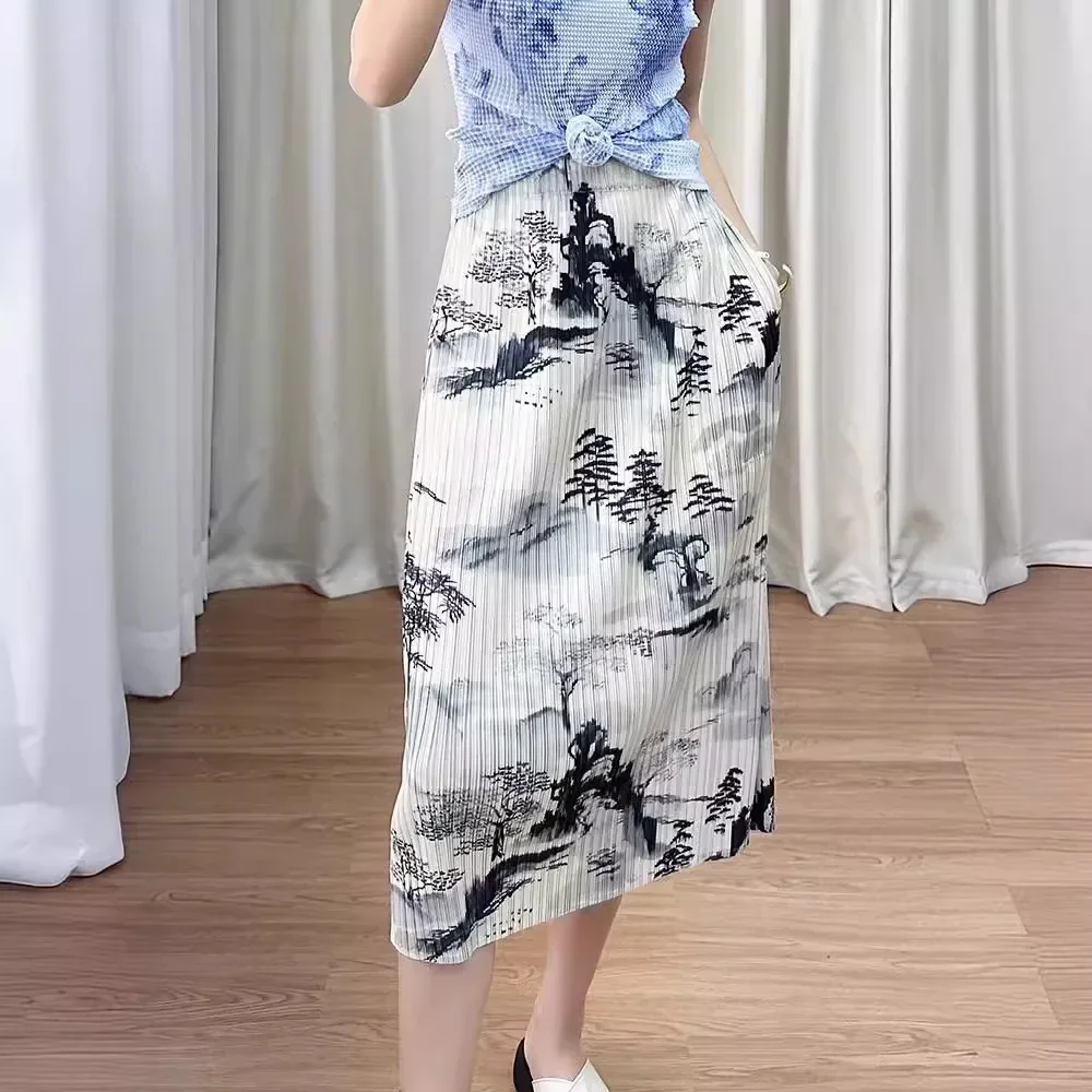 Demi-jupe imprimée avec peinture à l'encre chinoise, avec plis et ceinture élastique, demi-jupe amincissante, jupe plissée trapèze, nouvelle collection été