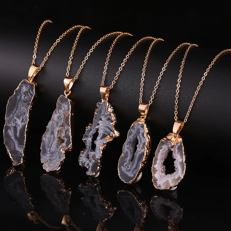 Irregualr Natural Agate Quartz Geode Druzy Stone Pendant Necklace for Women Men Healing Crystal Jewelry primary color
