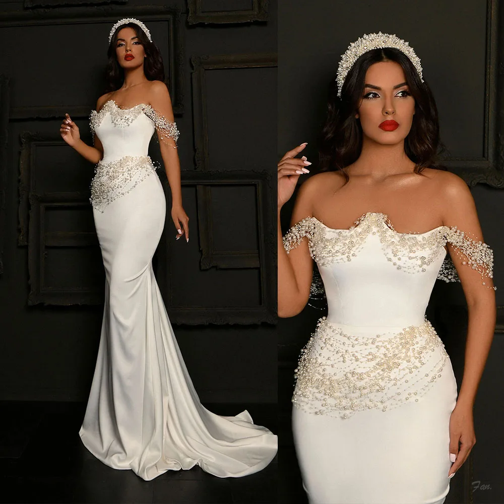 Simple Off Shoulder Wedding Dresses Pearls Mermaid Bridal Gowns Slim Fit Sweep Train Customized Vestidos De Novia