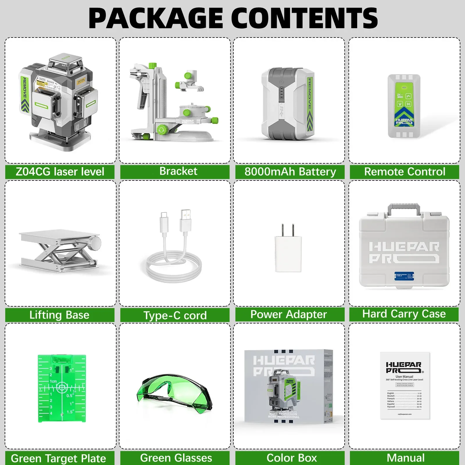 Huepar Professional Laser Level 4D 16 Lines ±2mm High Accuracy Green Cross Line Laser & 8000mAh Li-ion Battery For Construction