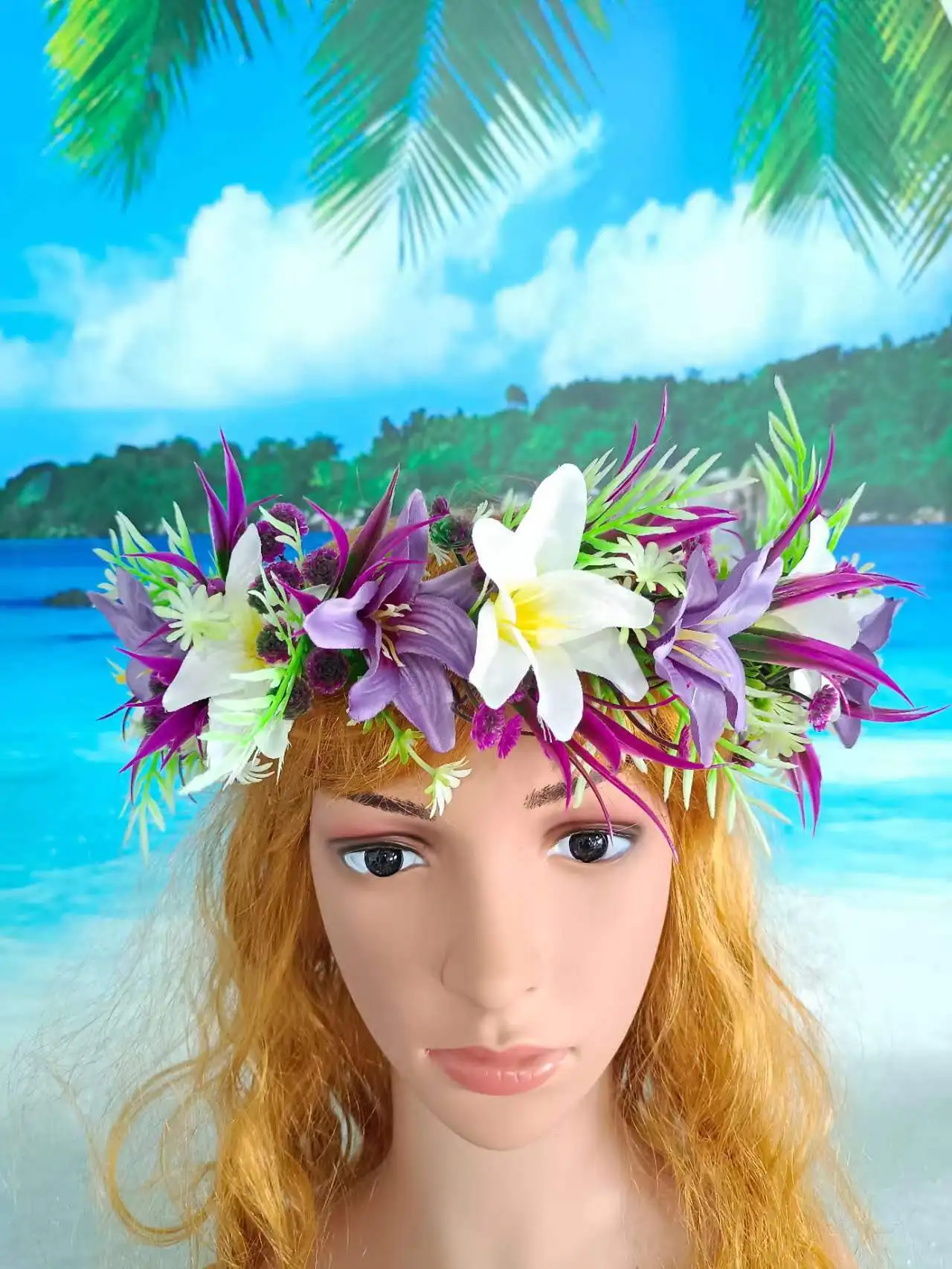 Free Shipping KN-hk055 20Pcs/lot Artificial Silk Lily Headband Haku Hawaii Floral Headwear Crown Dance Garland Flower Head Lei