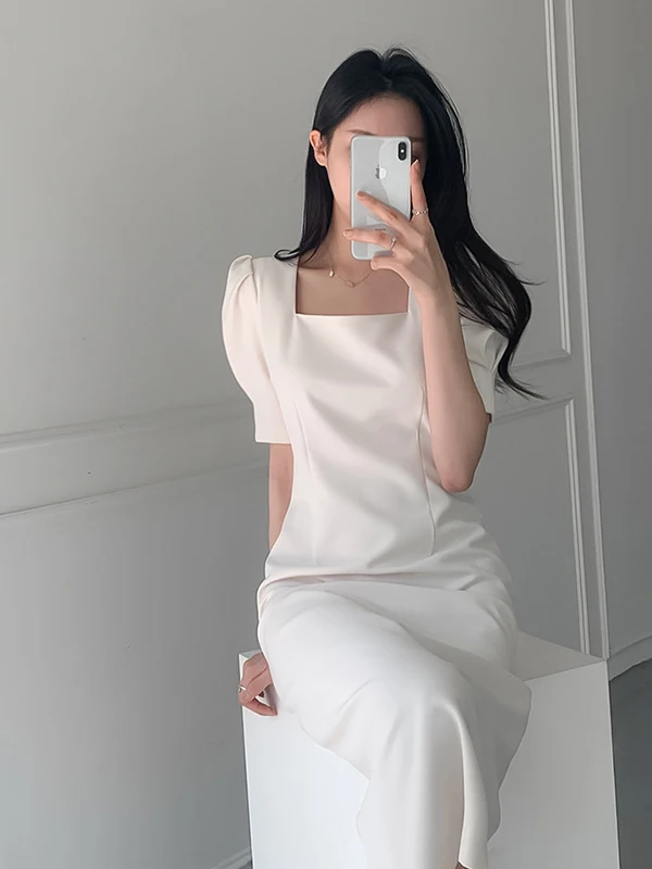 Ele coréen Sle femmes Dr col carré moulante bulle Sve jupe longue taille haute minceur été Dr