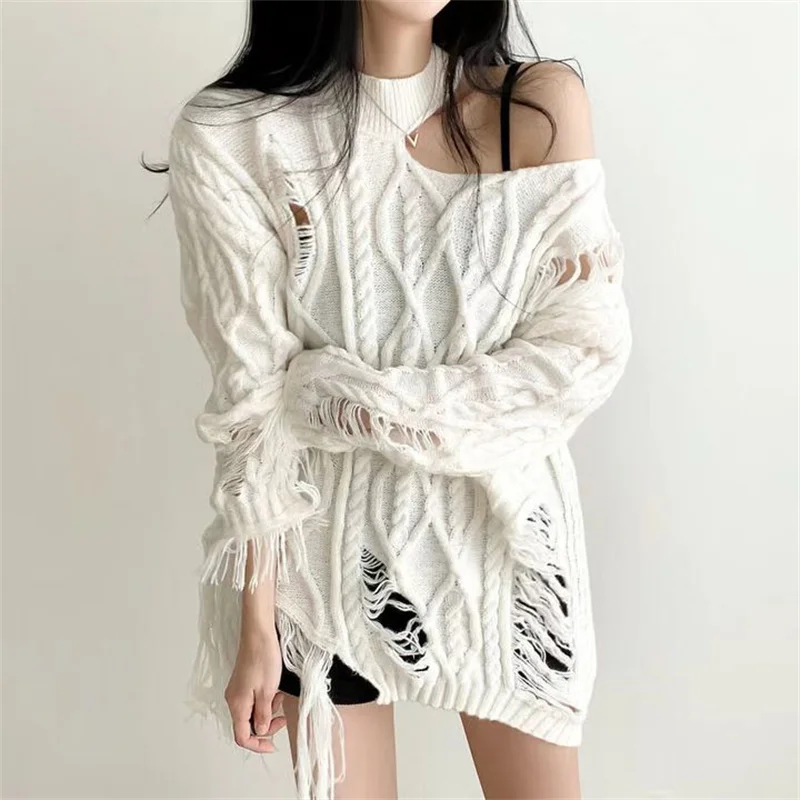 

Women's Sweater Sexy Off Shoulder Top Women Autumn Winter Hollow Out Tassel Loose Female Pullovers Chic Tops Y2k Clothes