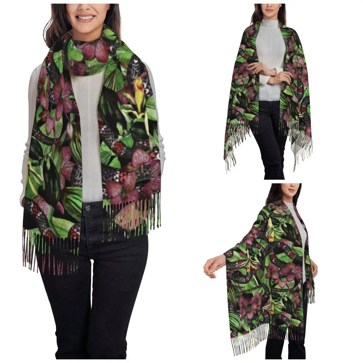 Tropical Flower Leaves Snakes Shawl Wraps for Womens Winter Large Long Scarf Arizona Coral Snake Pashminas Shawl Scarves