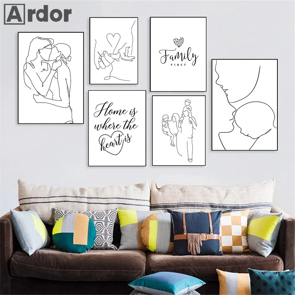 Family Portrait Print Dad Mom Baby Line Wall Art Canvas Poster Son Daughter Painting Love Hand Kiss Wall Pictures Bedroom Decor