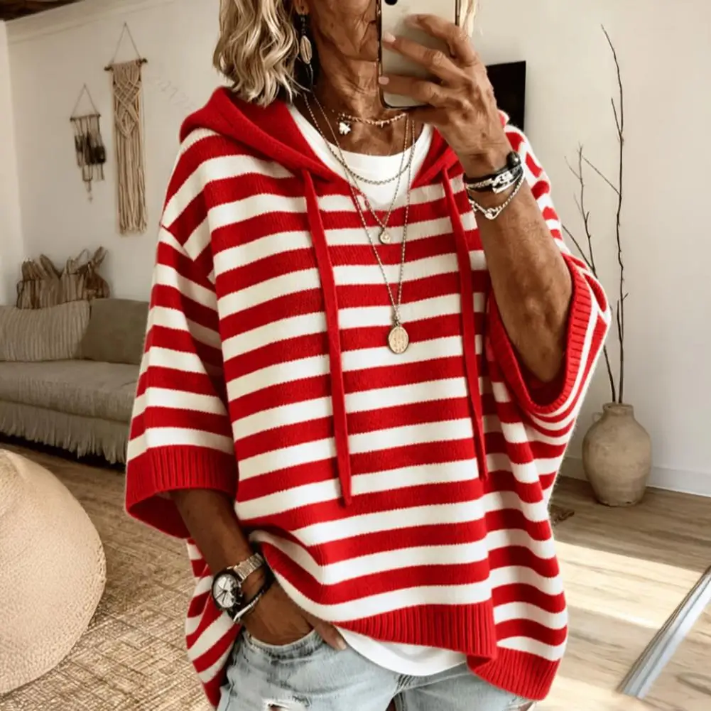 Loose Knit Sweater Women’s Hooded Striped Knit Sweater Loose Half Sleeve Pullover Autumn Winter Drawstring Hoodie for Comfort