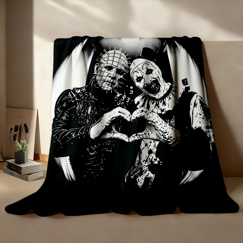Pinhead and Art The Clown Heart Cozy Blanket, Terrifier Warm Blanket, Vintage Horror Movie Soft