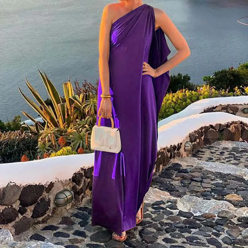 Abito lungo irregolare con colletto obliquo Sexy da donna primavera Solid Backless Hem Boho Maxi Dress Summer abito da spiaggia senza maniche monospalla