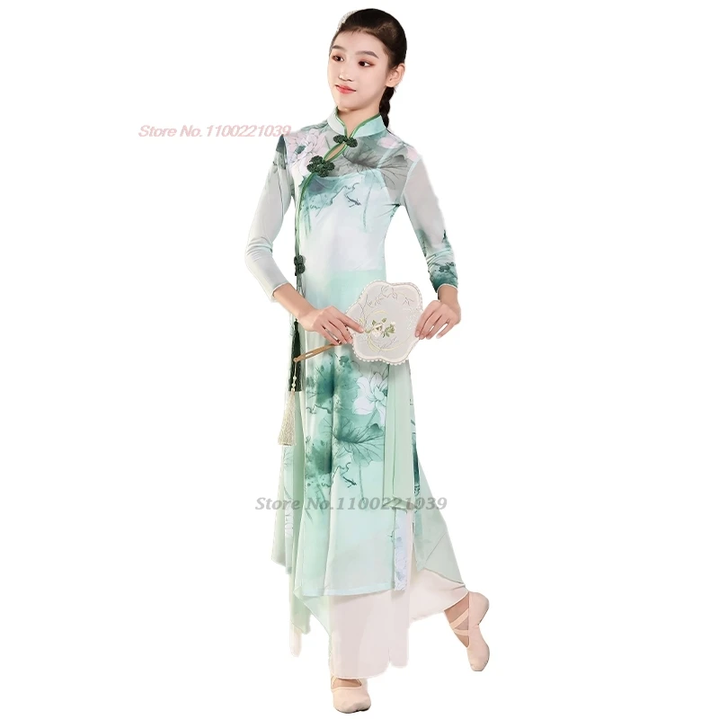 2025 Chinese vintage kinderen volksdans kostuum bloemenprint mesh qipao + broek set vintage jurk podiumvoorstelling kostuum