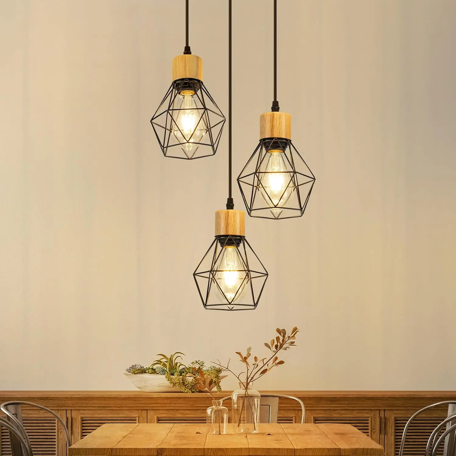 Pendelleuchte Esstisch Hängelampe Vintage - 3 Flammig Hängend Holz Esszimmerlampe E27 Retro Küchenlampe Schwarz Rund Industrial Hängeleuchte für Esszimmer Wohnzimmer Küche (ohne Leuchtmittel)