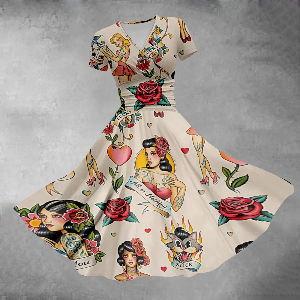 Cartoon Rose Meisje Jurk Mode Feestjurken Korte Mouw Womens Jurken Vintage Mooie Elegante Gewaad Dame Vestidos Kleding