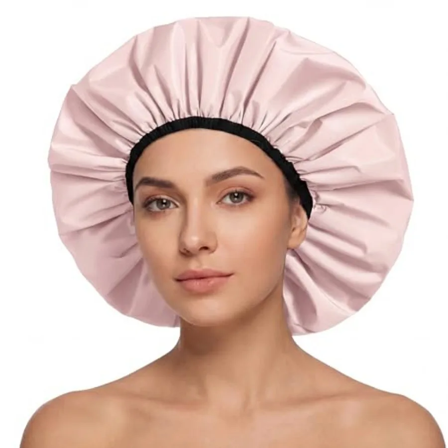 Extra Large Shower Cap for Women, Reusable Waterproof Shower Bonnet with Satin Lining, Double Layer Washable Bath Hair Cap for