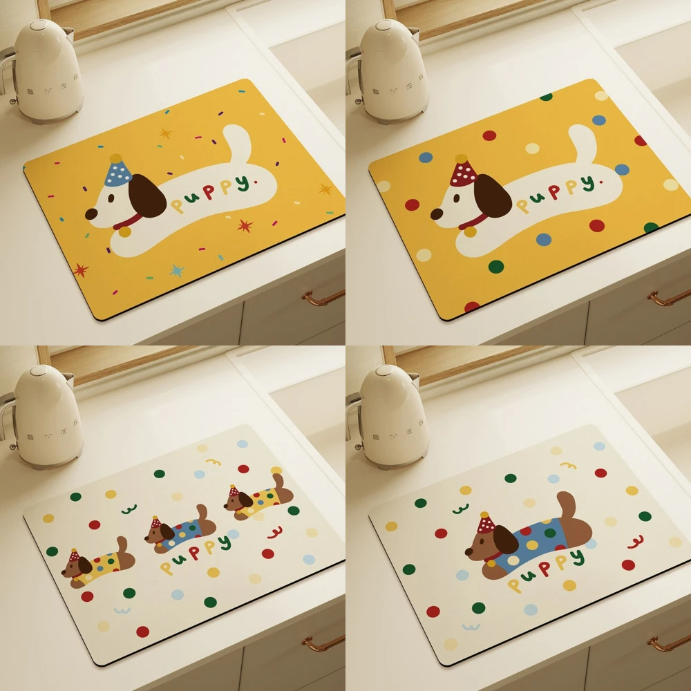 

Дренажная подкладка с рисунком щенка таксы, кухонная нескользящая сливная подкладка, быстросохнущая посуда, подставка для столовых приборов, посуда, домашний декор