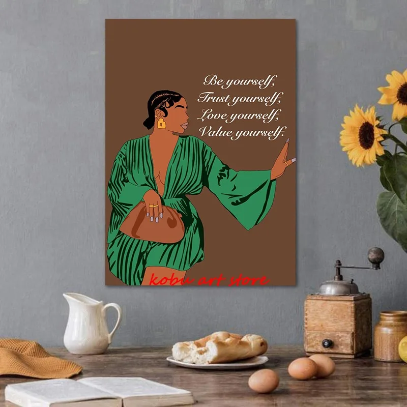 Fashion Black Woman Self Care Self Love Motivational Quotes Poster Print Canvas Painting Wall Art Picture for Room Home Decor