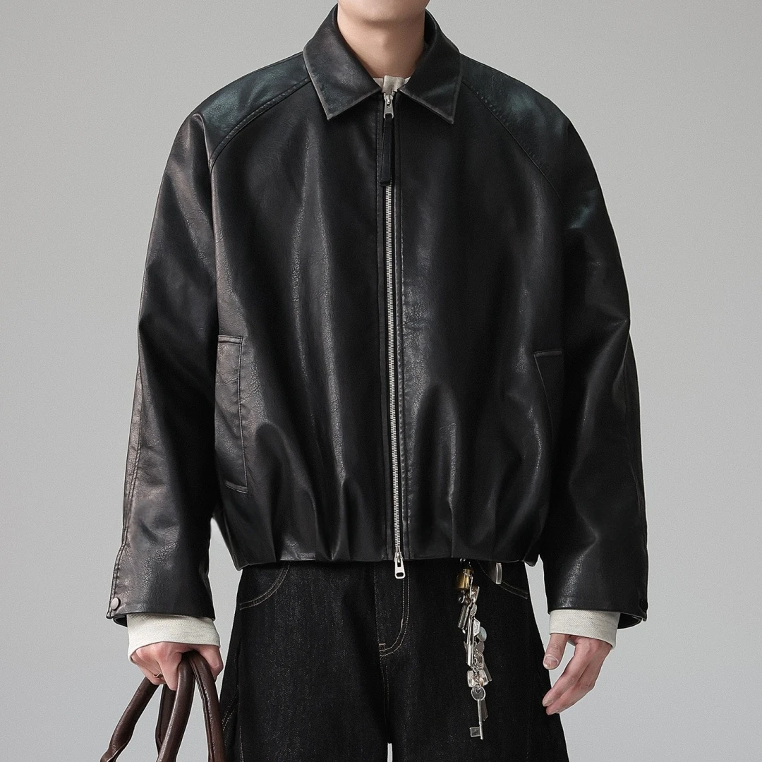 Mens Vintage Biker Motorcycle Jacket Black Faux Leather Coat Oversized Lapel Collar Spring Fall Casual Streetwear 2026 Trend