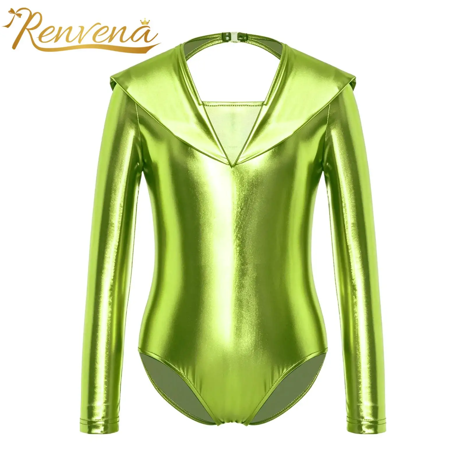 Kids Girls Metallic Ballet Dance Gymnastics Leotard Long Sleeve Cutout Bodysuit for Performance Theme Party Halloween Outfit