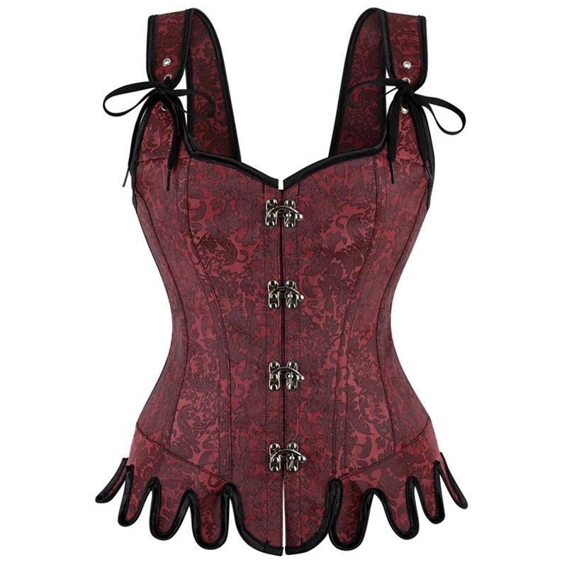 

Женский темно-красный винтажный корсет-бюстье в стиле стимпанк с веерообразным подолом и бретелями, сексуальный утягивающий корсет-жилет для коррекции фигуры