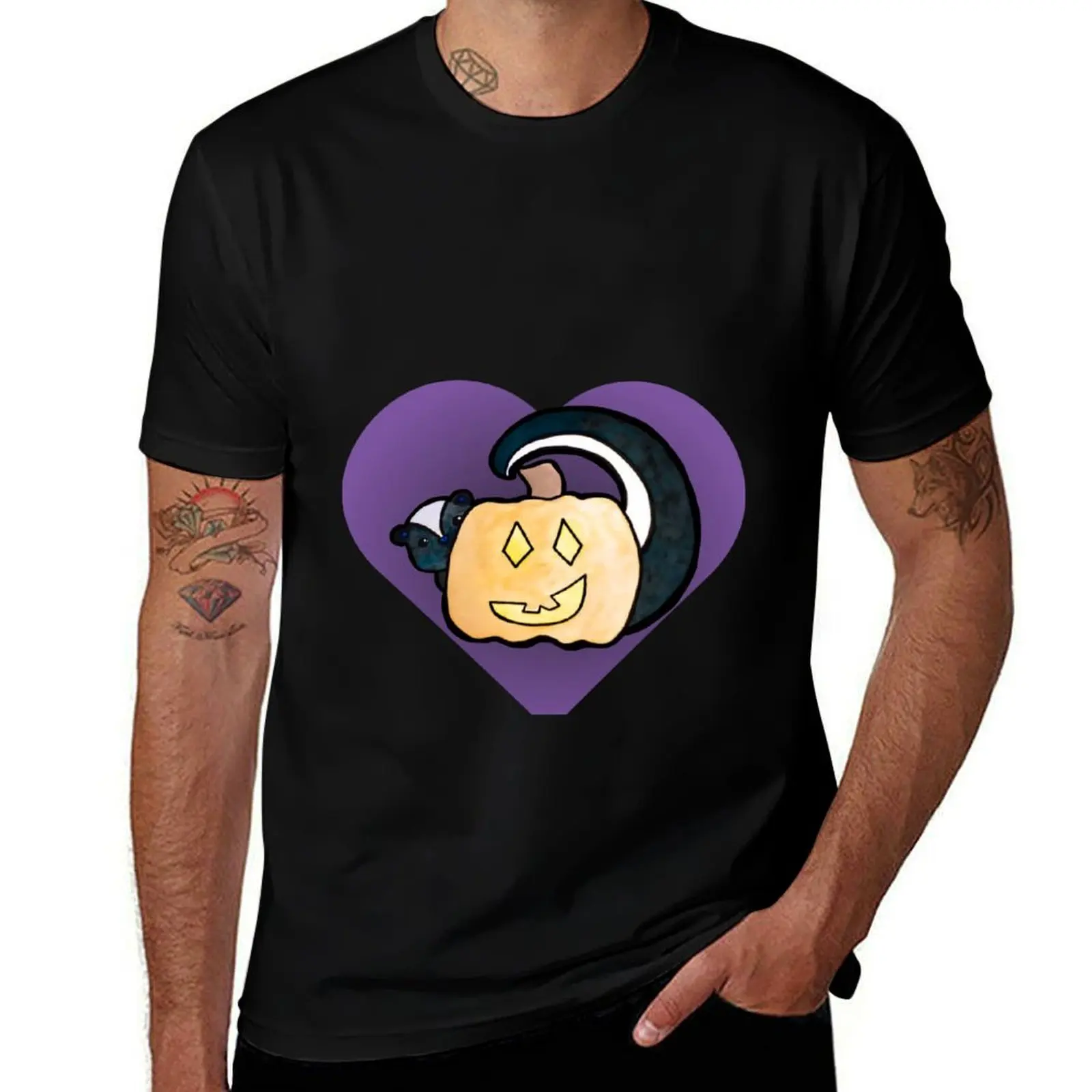 Cute Skunk with a Jack O'lantern in a Purple Heart T-Shirt Fashion Pattern Printed Tee Shirt