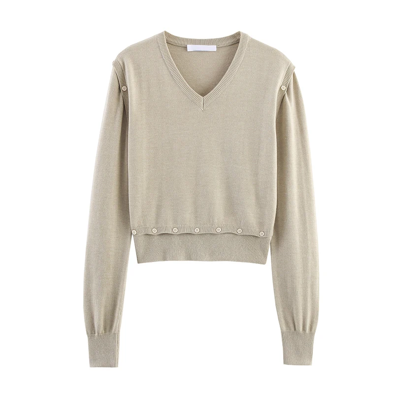 

Новый женский вязаный съемный свитер с длинным рукавом и v-образным вырезом на пуговицах, осенний повседневный пуловер, топы