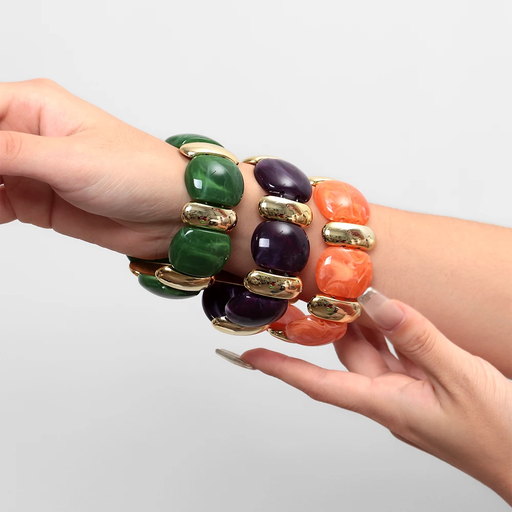 Elegante Acryl Marmor Geometrische Blütenblatt Gebogene Perlen Elastische Armbänder Trendy CCB Perle Chunky Armreifen Armband Frauen Zubehör – Detail 4