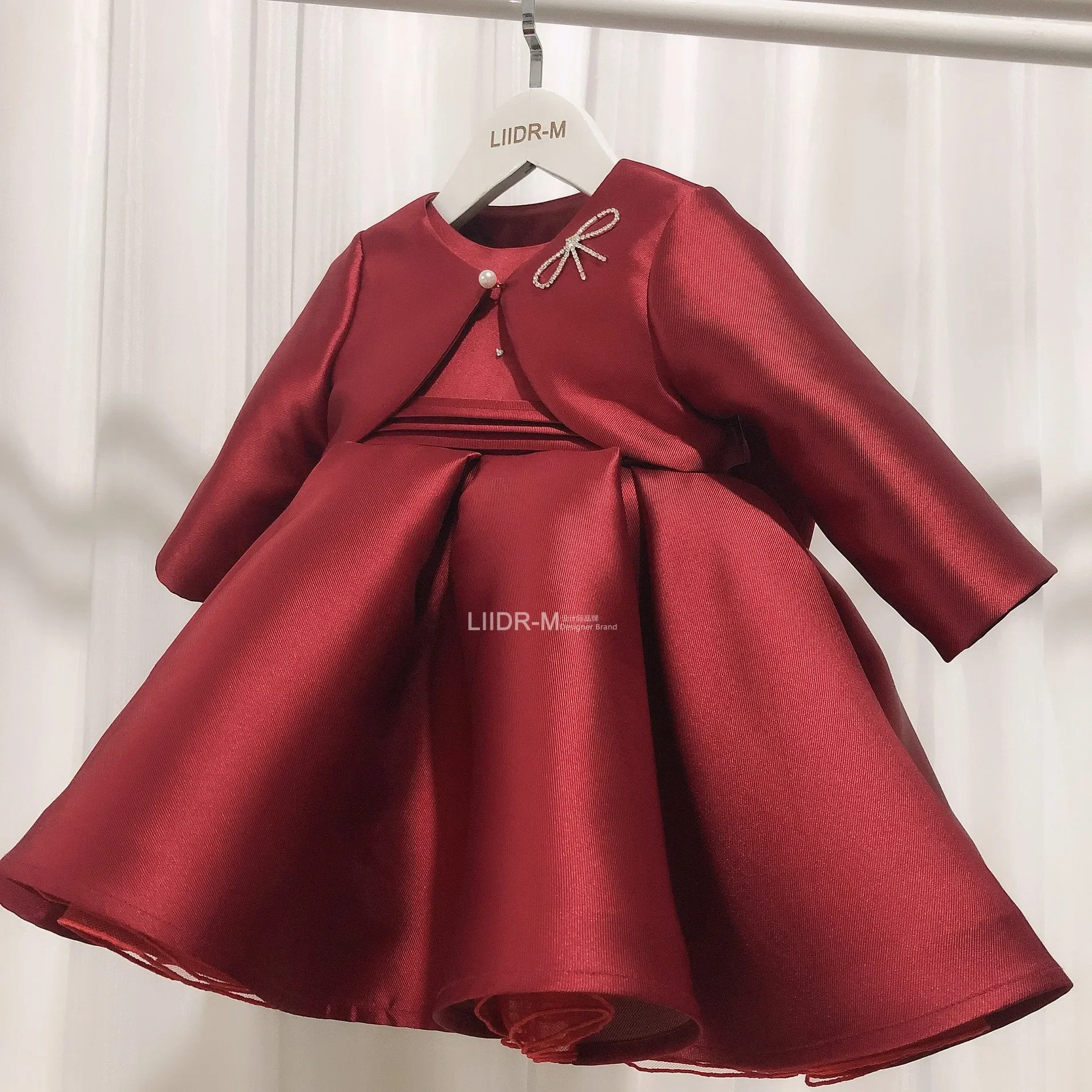 Red Christmas Puffy Dress for Girls Jacquard Pattern Tulle Patchwork Children Clothing 3D Appliques Casual Birthday Eid Dresses